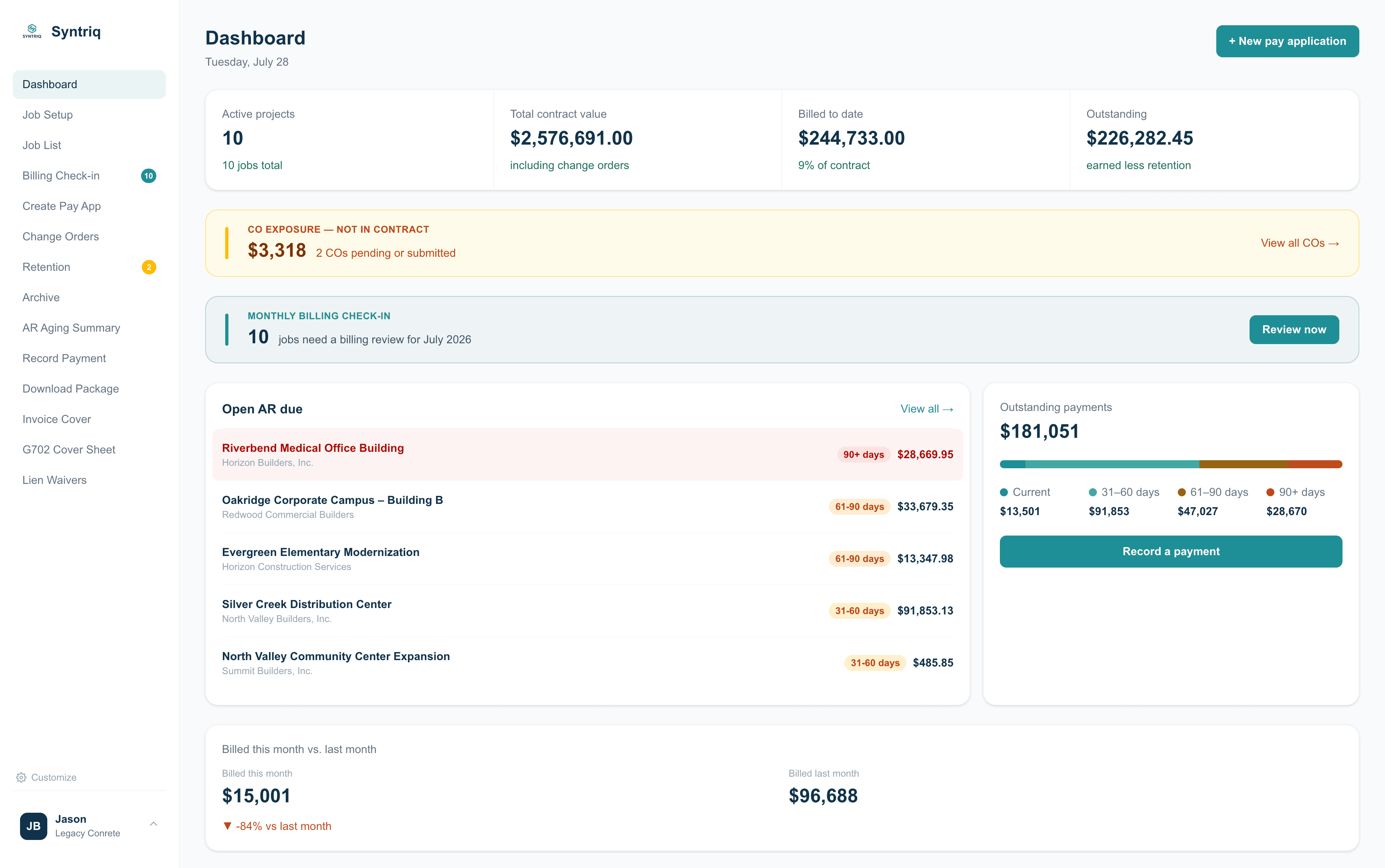 Syntriq dashboard showing active projects, contract value, billed-to-date, and outstanding AR
